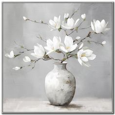 a painting of white flowers in a gray vase on a grey tablecloth with a silver background