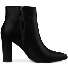 Sculpted into a sleek silhouette yet meant to fit comfortably, this PU leather ankle bootie features A-line to toe to give you graceful with the high heel. These ankle boots have a flattering style that looks great on everyone. Block Heel Ankle Booties; Pointy Toe; Side Zipper; Occasion: Party, Office, Casual, Christmas Days, Dating, Evening; Vamp: PU; Outsole: Rubber; Heel: ABS; Heel Height: 3 5/9 inches; Shaft Height: 4 1/8 inches; Sleek High Ankle Boots With Stacked Heel, Sleek High Ankle Heeled Boots With Stacked Heel, Sleek High Heel Faux Leather Boots, Sleek High-heeled Boots With Stacked Heel, Sleek Ankle-high Boots With Padded Heel, Ankle-high Faux Leather Heeled Boots With Sculpted Heel, Ankle-high Heeled Boots With Sculpted Heel In Faux Leather, Sleek Heeled Boots With High Ankle, Medium Width, Sleek High Ankle Heeled Boots With Medium Width