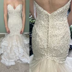 the back and side of a wedding dress with ruffles on it's skirt