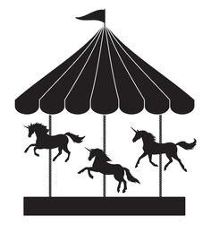 black and white silhouettes of horses on a carousel