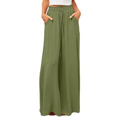 Light Green High Waist Elastic Waistband Long Culottes Non-stretch Khaki Wide Leg Pants For Summer, Summer Khaki Wide Leg Pants With Pockets, Green Solid Color Wide Leg Summer Pants, Green Solid Color Wide Leg Pants For Summer, Summer Green Wide Leg Pants, Spring Khaki Wide Leg Pants With Elastic Waistband, Green Wide Leg Pants With Pockets For Summer, Pant Trousers Women, Trousers Women Wide Leg