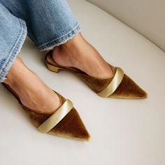 Velvet/satin upper Manmade outsole 0.75 in / 1.91 cm heel Leather lining Padded insole Slip-on style Low Heel Mules, Pointy Mules, Preppy Luxury, Modern Preppy, Fancy Footwear, Mules Women, Chartreuse Color, Heeled Mule, Flat Mules