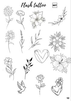 flowers and hearts are drawn in black ink on white paper, with the words flash tattoos