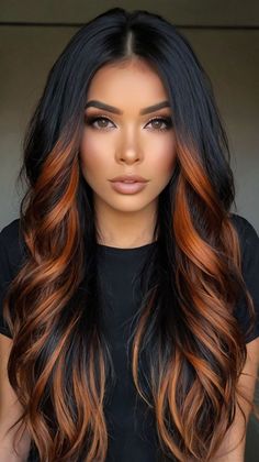 Copper Bayalage On Black Hair, Color Extensions Hairstyles, Halo Hair Color Ideas For Brunettes, Dark Hair Colored Highlights, Dark Hair With Ginger Highlights, Half Red Half Brown Hair, Black Hair With Streaks, Black Hair With Auburn Highlights, Highlight For Black Hair