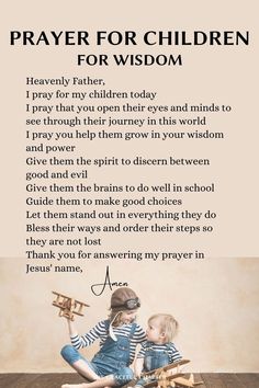 a prayer for children with an image of two young boys sitting on the floor and one holding