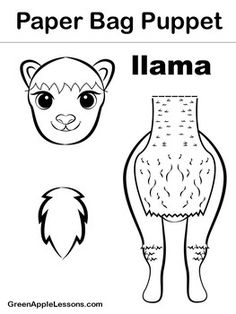 a paper bag puppet with the words llama and an animal's head on it