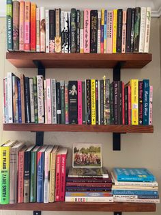 books are lined up on the shelves in front of a wall mounted bookcases