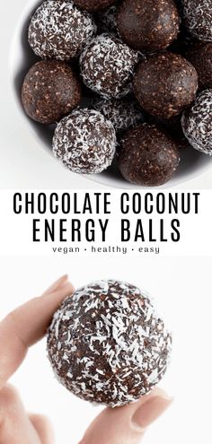 chocolate coconut energy balls in a white bowl with text overlay that reads, chocolate coconut energy balls