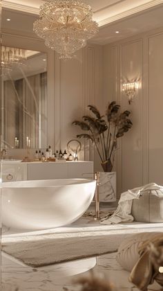 a bathroom with a large bathtub and chandelier