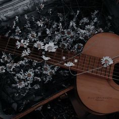 an acoustic guitar laying on the ground with daisies in it's back pocket