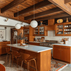 a large kitchen with wooden cabinets and white counter tops, along with bar stools