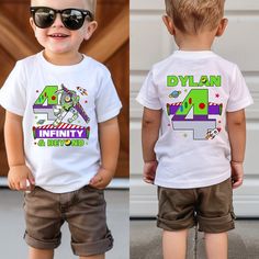 two photos of a little boy wearing sunglasses and t - shirt with the number 4 on it