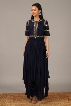 Shop for Nidhika Shekhar Blue Silk Crepe Embroidered Kurta And Draped Skirt Set for Women Online at Aza Fashions Reception Dresses With Embroidered Sleeves And Traditional Drape, Fitted Sets With Asymmetrical Hem For Party, Festive Sets With Fitted Asymmetrical Hem, Fitted Sets With Asymmetrical Hem For Festive Occasions, Festive Fitted Sets With Asymmetrical Hem, Latest Traditional Dresses, Navy Blue Kurta, Kurta Skirt, Western Dresses For Women