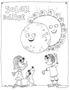 a coloring page with two children and an object that says solar eclipse in the sky