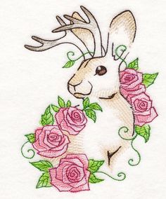 a white rabbit with antlers and roses on it's back