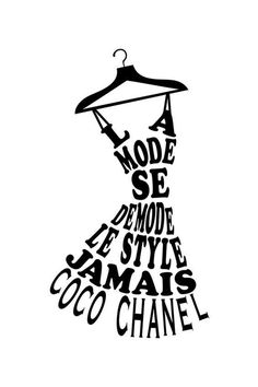 a black and white drawing of a dress on a hanger with words written in different languages