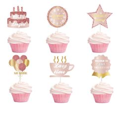 cupcake toppers and decorations for a tea party on a white background with pink frosting