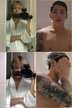 four different pictures of the same person with tattoos on their arms and chest, one is taking a selfie