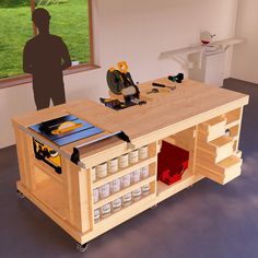 a workbench with tools on it in front of a man looking out the window