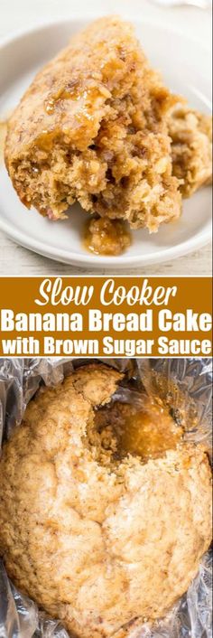 banana bread cake with brown sugar sauce is on the plate and in the background there are two images