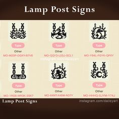 the different types of lamp post signs are shown in black and light pink colors, including one