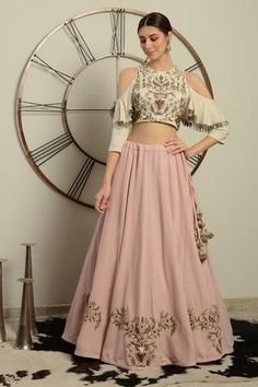 Shop for Neha and Tarun Pink Lehenga And Cold-shoulder Blouse for Women Online at Aza Fashions Skirt And Crop Top, Choli Dress, Indian Outfits Lehenga, Lehnga Dress, Lehenga Blouse Designs, Choli Designs, Salwar Kamiz, Indian Gowns Dresses, Ghagra Choli