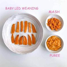 baby led weaning and mash on a white table with oranges in bowls