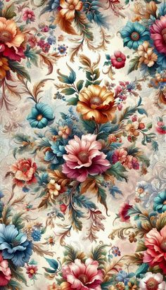 a floral wallpaper with lots of flowers on it's sides and blue, pink, yellow and orange colors