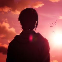 a person standing in front of a sunset with birds flying above them and the sun behind him