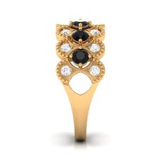 Product Details Unleash your inner style with this Designer Band Ring, featuring exquisite Black Onyx and dazzling Diamond gemstones. A unique statement of elegance. Product Information SKU SHP-RINGS032223075 Weight 3.28 gm (Approximate) BLACK ONYX INFORMATION No.of Stones 6 Pieces Total Weight 0.54 Carat (Approximate) Dimension(approx) Round-3X3 mm-6 Pcs Color Black Cut Brilliant Shape Round Setting Type Prong-Setting Quality Grade AAA DIAMOND INFORMATION No.of Stones 14 Pieces Total Weight 0.49 Carat (Approximate) Dimension(approx) Round-1.80X1.80 mm-14 Pcs Color HI Cut Brilliant Shape Round Setting Type Prong-Setting Quality Grade SI View More Product Parent Collection Handle black-onyx-women-wedding-bands 18k Yellow Gold Ring, Womens Wedding Bands, Black Rings, Diamond Gemstone, Yellow Gold Rings, Black Onyx, Band Ring, Prong Setting, Band Rings