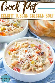 two bowls of crock pot creamy tuscan chicken soup with bread in the background