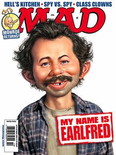 the cover of mad magazine with a man's face on it