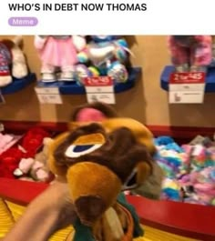 someone holding a stuffed animal in front of a store shelf filled with baby items and toys