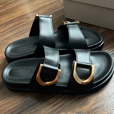 Charles And Keith Leather Sandals Size 10, New, Only Tried On Runs About A 1/2 Small Which Only Reason For Selling, Beautiful Sandals, Gold Hardware Appear To Be Brushed, Slide In & No Buckle Be Detached, Per Description, Breathable Lining, Made Of Natural Calf Leather, And Heel Height Is Approx., 1.5 Inches, Will Come From Pet/Smoke Free Home In Protective Bags And Box Shown In Pics Charles And Keith Sandals, Charles And Keith Shoes, Leather Slippers For Men, White Sandals Heels, Beautiful Sandals, Leather Slide Sandals, Swim Shoes, Leather Slippers, Leather Slides