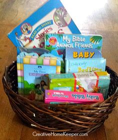 a basket filled with baby products on top of a wooden floor