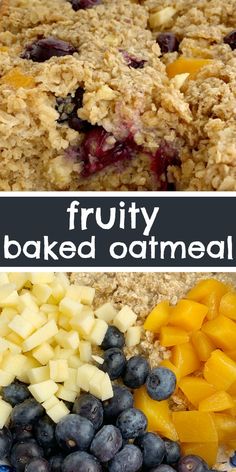 fruity baked oatmeal with blueberries, peaches and crumbles