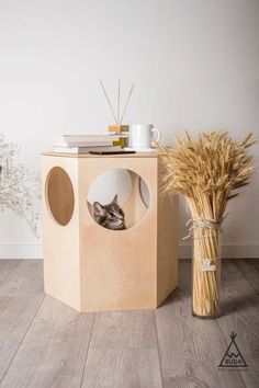 a cat hiding in a cardboard box next to a vase with dry grass and a mug