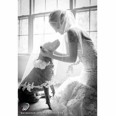 a woman in a wedding dress petting a dog