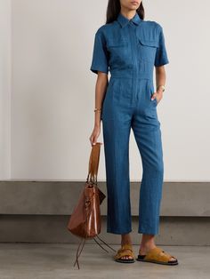 Rivet Utility's 'Dynamo' jumpsuit is made from breathable linen in a 'Moody Blue' shade that livens up the utilitarian design. It's cut for a loose fit that nips in at the waist and has a chest pockets and a concealed placket for a more streamlined finish. Linen Jumpsuits And Rompers With Pockets For Work, Fitted Linen Jumpsuits And Rompers With Pockets, Fitted Blue Jumpsuit With Side Pockets, Blue Utility Jumpsuits And Rompers For Work, Blue Workwear Jumpsuits And Rompers With Side Pockets, Blue Workwear Jumpsuit With Side Pockets, Blue Jumpsuits And Rompers With Side Pockets For Work, Utilitarian Design, Denim Flats