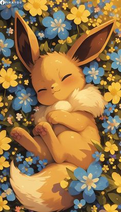 a painting of a little bunny sleeping in the middle of blue and yellow daisies