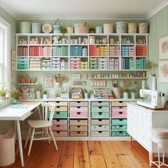 an organized craft room with lots of storage