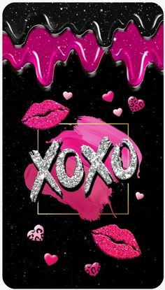 the word xoxo is surrounded by pink and silver glitter lips, skulls, and hearts