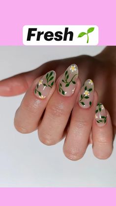 Flower Sparkle Nails, 60s Nails Acrylic, Artsy Nail Ideas, 70s Flower Nails, Plant Nails Design, Earth Day Nails, Greenery Nails, Plant Nail Designs, Mexico Inspired Nails