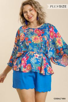 #color_cobalt-mix Blue Floral Print Top For Garden Party, Bohemian Floral Print Tops For Garden Party, Bohemian Floral Print Blouse For Garden Party, Vibrant Blue Tops For Spring, Vibrant Blue Spring Tops, Blue Vibrant Print Blouse For Spring, Blue Floral Print Blouse For Vacation, Kimono Sleeve Top, Kimono Sleeves