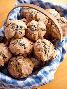 a basket full of chocolate chip muffins on a table