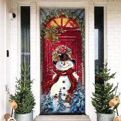 a decorated front door with potted plants and snowmen on the steps outside it