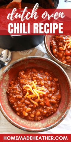 two bowls filled with chili and cheese on top of a table next to a skillet