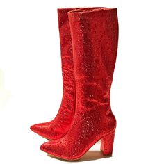 Step Out In These Eye Catching Sparkly Rhinestone Cowboy Boots New In Box Rhinestone Encrusted Uppers Lightly Padded Insole Side Zipper For Easy Shoe Removal Shaft Height: Approx 15 In. Calf Width: Approx 14 In. Heel Height: Approx 3.5 In. Fitting: True To Size. Regular Fit. Red Sparkly Boots, Rhinestone Cowboy Boots, Sparkly Boots, Rhinestone Cowboy, Red Rhinestone, Shoes Heels Boots, Knee High Boots, High Boots, Lady In Red