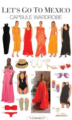 a collage of different outfits and accessories for women in orange, red, black and white