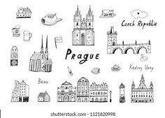 prague hand drawn doodle set with famous buildings and landmarks in black on white background